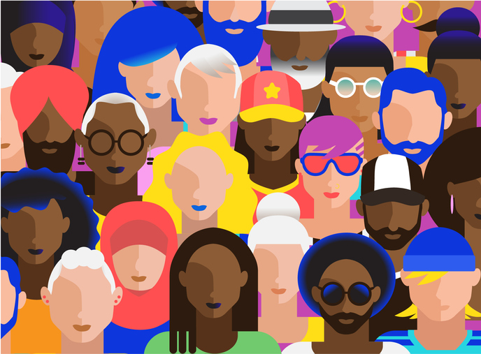 Crowd of abstract diverse adult people in modern vibrant flat colors