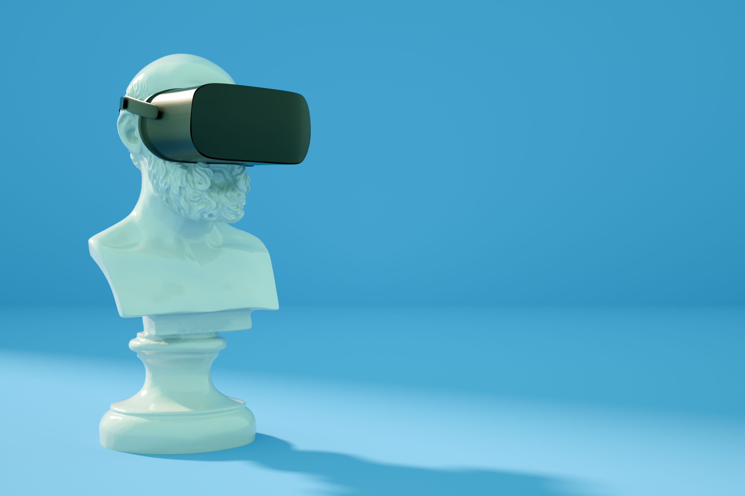 Sculpture With VR Glasses Headset on Blue Background