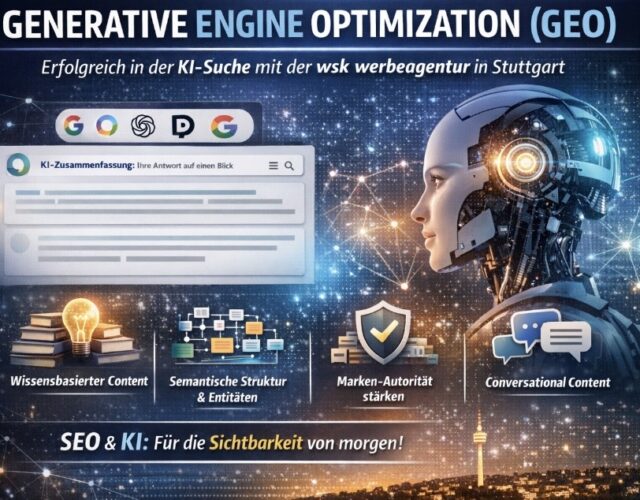 Generative Engine Optimization (GEO): Wie Marketingteams mit der wsk werbeagentur in stuttgart auf KI-Suche reagieren sollten Die Art, wie Menschen online suchen, verändert sich radikal. Mit den KI-Zusammenfassungen von Google direkt unterhalb der Suchleiste und dem wachsenden Einfluss von Tools wie ChatGPT, Perplexity AI oder Gemini s