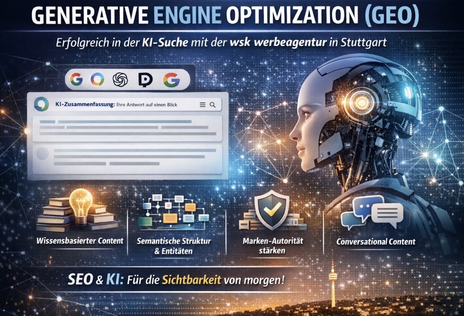 Generative Engine Optimization (GEO): Wie Marketingteams mit der wsk werbeagentur in stuttgart auf KI-Suche reagieren sollten Die Art, wie Menschen online suchen, verändert sich radikal. Mit den KI-Zusammenfassungen von Google direkt unterhalb der Suchleiste und dem wachsenden Einfluss von Tools wie ChatGPT, Perplexity AI oder Gemini s