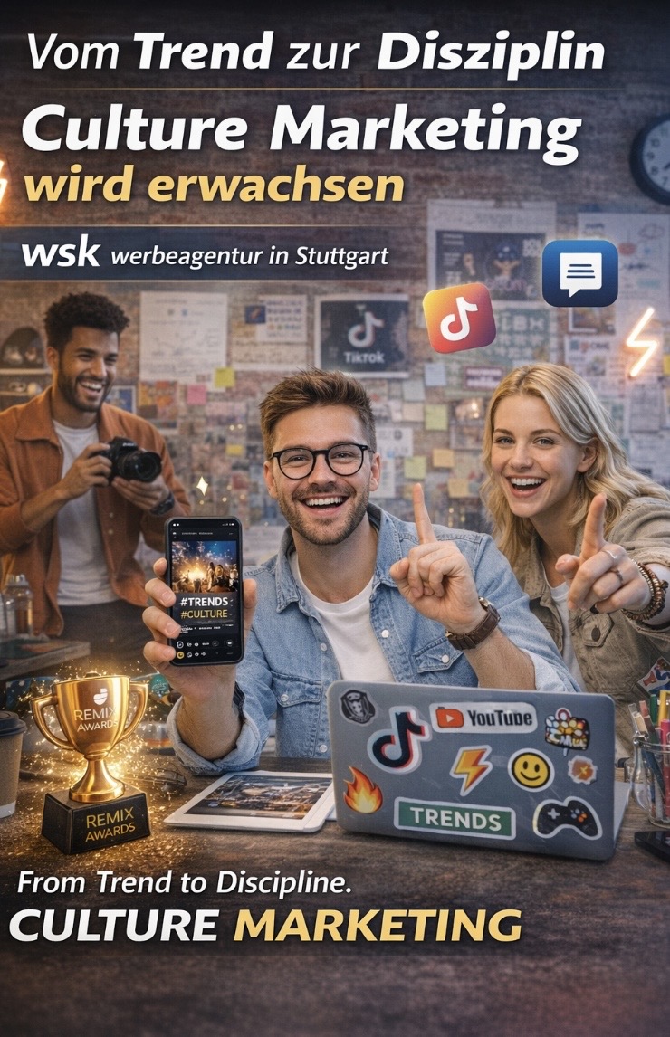 Vom Trend zur Disziplin: Culture Marketing wird erwachsen Insights der wsk werbeagentur in Stuttgart 🚀 Culture Marketing hat sich in den letzten Jahren von einem kurzfristigen Marketingtrend zu einer ernstzunehmenden strategischen Disziplin entwickelt. Unternehmen erkennen zunehmend, dass echte kulturelle Relevanz entscheidend ist, um Zielgruppen zu erreichen und langfristige Markenbindungen aufzubauen. Auch die wsk werbeagentur in Stuttgart beobachtet diese Entwicklung sehr genau und unterstützt Unternehmen dabei, Culture Marketing strategisch und authentisch einzusetzen.