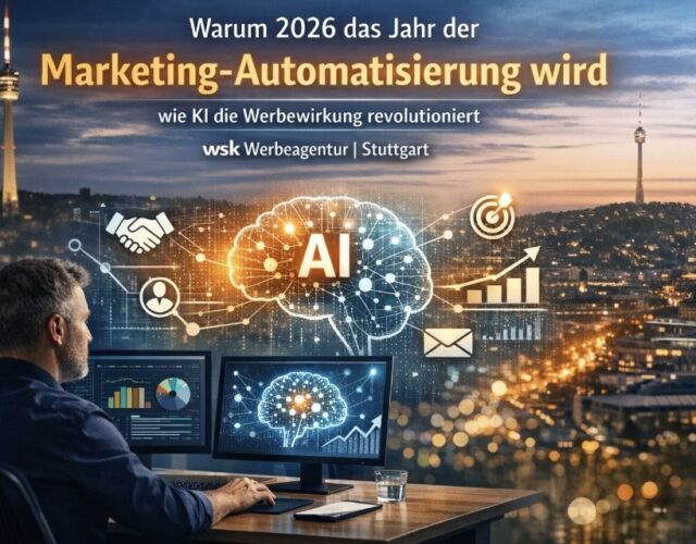 Warum 2026 das Jahr der Marketing-Automatisierung wird Wie KI die Werbewirkung revolutioniert – Ein Blick der  wsk Werbeagentur in Stuttgart Das Marketing, wie wir es heute kennen, steht vor einem der größten Umbrüche seiner Geschichte. Doch anders als viele vermuten, liegt die Veränderung nicht nur darin, dass künstliche Intelligenz Aufgaben automatisiert.