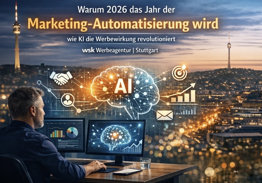 Warum 2026 das Jahr der Marketing-Automatisierung wird Wie KI die Werbewirkung revolutioniert – Ein Blick der  wsk Werbeagentur in Stuttgart Das Marketing, wie wir es heute kennen, steht vor einem der größten Umbrüche seiner Geschichte. Doch anders als viele vermuten, liegt die Veränderung nicht nur darin, dass künstliche Intelligenz Aufgaben automatisiert.