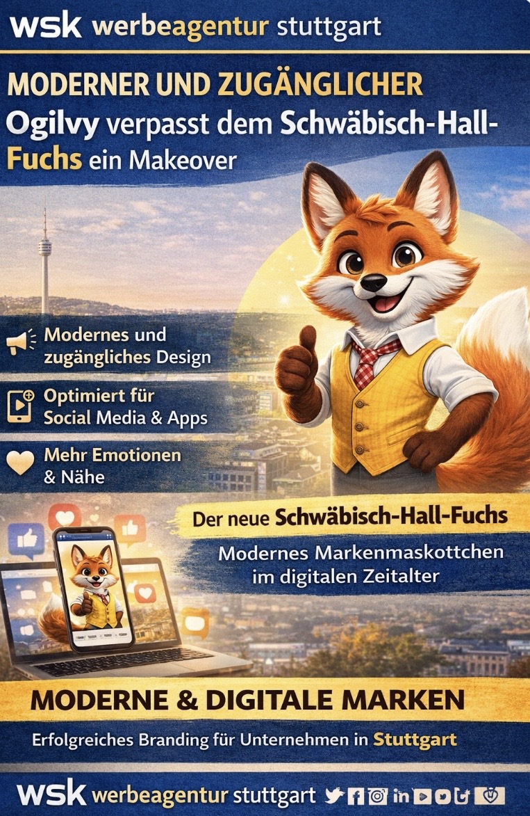 wsk werbeagentur stuttgart: Der neue Schwäbisch-Hall-Fuchs – modernes Markenmaskottchen im digitalen Zeitalter Ein starkes Markenmaskottchen bleibt im Gedächtnis – besonders dann, wenn es über Jahrzehnte hinweg erfolgreich eingesetzt wird.