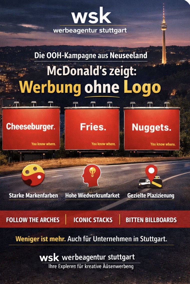 wsk werbeagentur stuttgart: Was Unternehmen von McDonald’s minimalistischer OOH-Kampagne lernen können Minimalismus, der wirkt: Mit der aktuellen Out-of-Home-Kampagne (OOH)