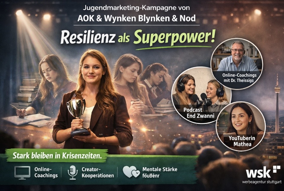 Jugendmarketing-Kampagne: AOK und Wynken Blynken & Nod machen Resilienz zur Superpower Die neue Jugendkampagne der AOK Bundesverband gemeinsam mit der Kreativagentur Wynken Blynken & Nod zeigt