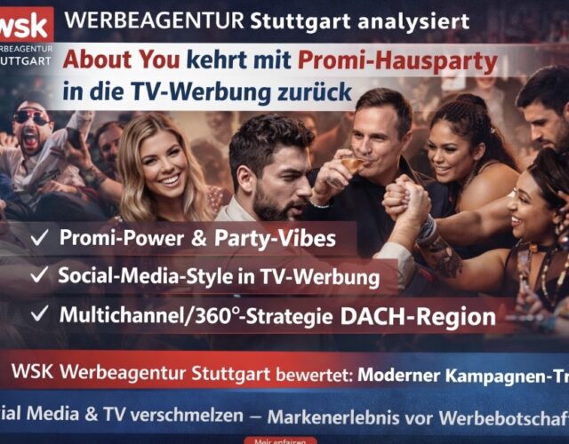 WSK Werbeagentur Stuttgart analysiert: About You setzt mit Promi-Hausparty neue Maßstäbe in der TV-Werbung Die wsk werbeagentur stuttgart beobachtet aktuelle Kampagnen-Trends genau
