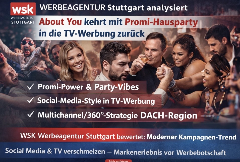 WSK Werbeagentur Stuttgart analysiert: About You setzt mit Promi-Hausparty neue Maßstäbe in der TV-Werbung Die wsk werbeagentur stuttgart beobachtet aktuelle Kampagnen-Trends genau
