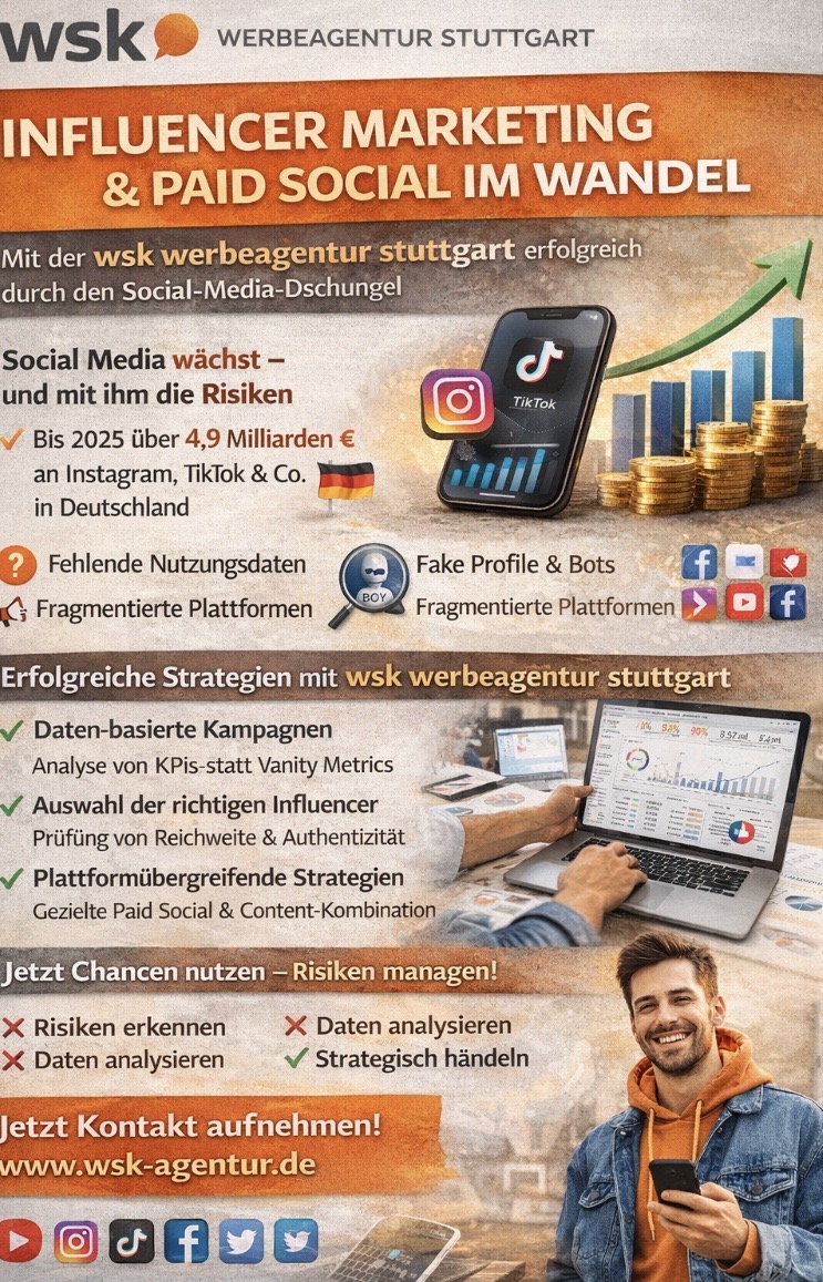 📊 Influencer Marketing & Paid Social im Wandel: Mit der wsk werbeagentur stuttgart erfolgreich durch den Social-Media-Dschungel Social Media ist längst mehr als nur ein Trend – es ist einer der stärksten Wachstumstreiber im Werbemarkt.