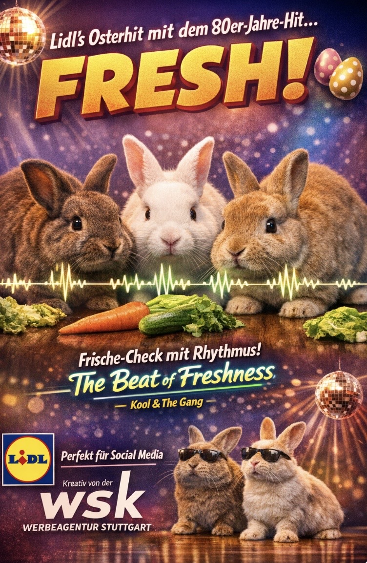 wsk werbeagentur stuttgart: Lidl begeistert mit Osterkampagne und 80er-Jahre-Hit Kreative Kampagnen, die Emotion, Humor und Markenbotschaft verbinden, sind heute der Schlüssel zu erfolgreichem Marketing. Ein aktuelles Beispiel liefert Lidl mit seiner Osterkampagne „The Beat of Freshness“.